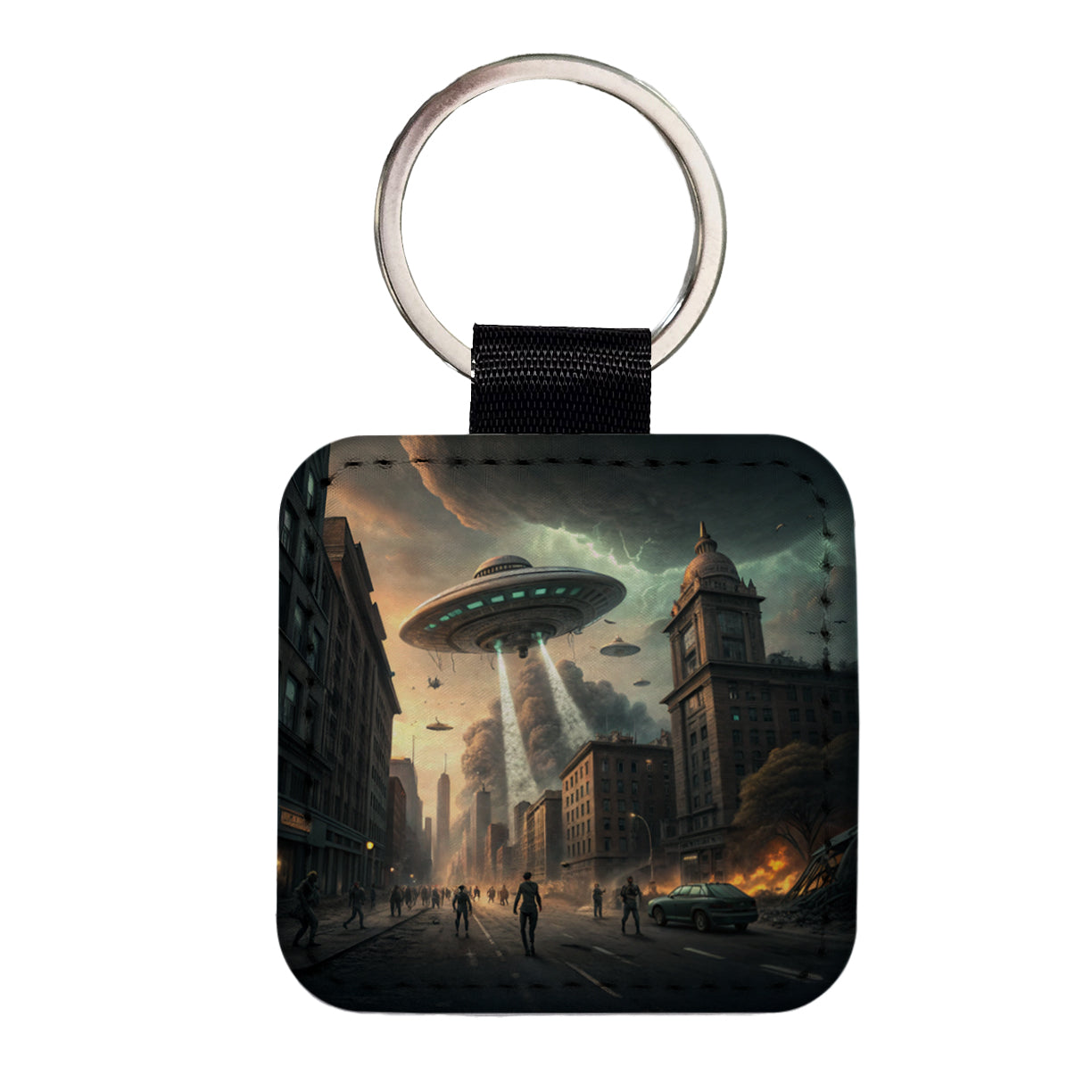 Alien Martian Invasion Destruction Of Earth Sci-fi Square Faux Leather Keychain