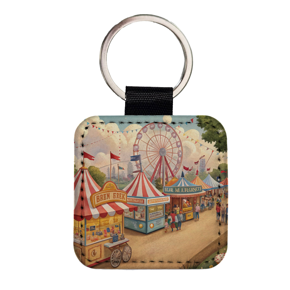 Americana State Fair Scene Square Faux Leather Keychain
