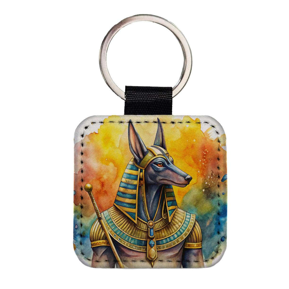 Ancient Egyptian God Anubis Watercolor Square Faux Leather Keychain