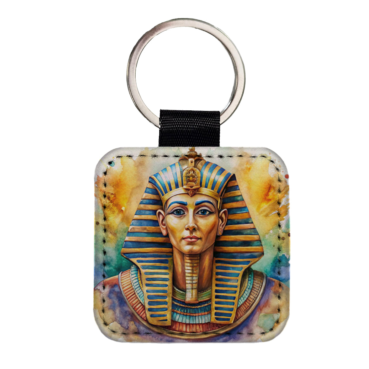 Ancient Egyptian Pharaoh Watercolor Square Faux Leather Keychain