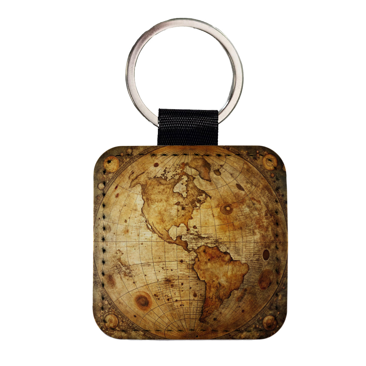 Ancient Worn Map the Earth Globe and Planets Square Faux Leather Keychain