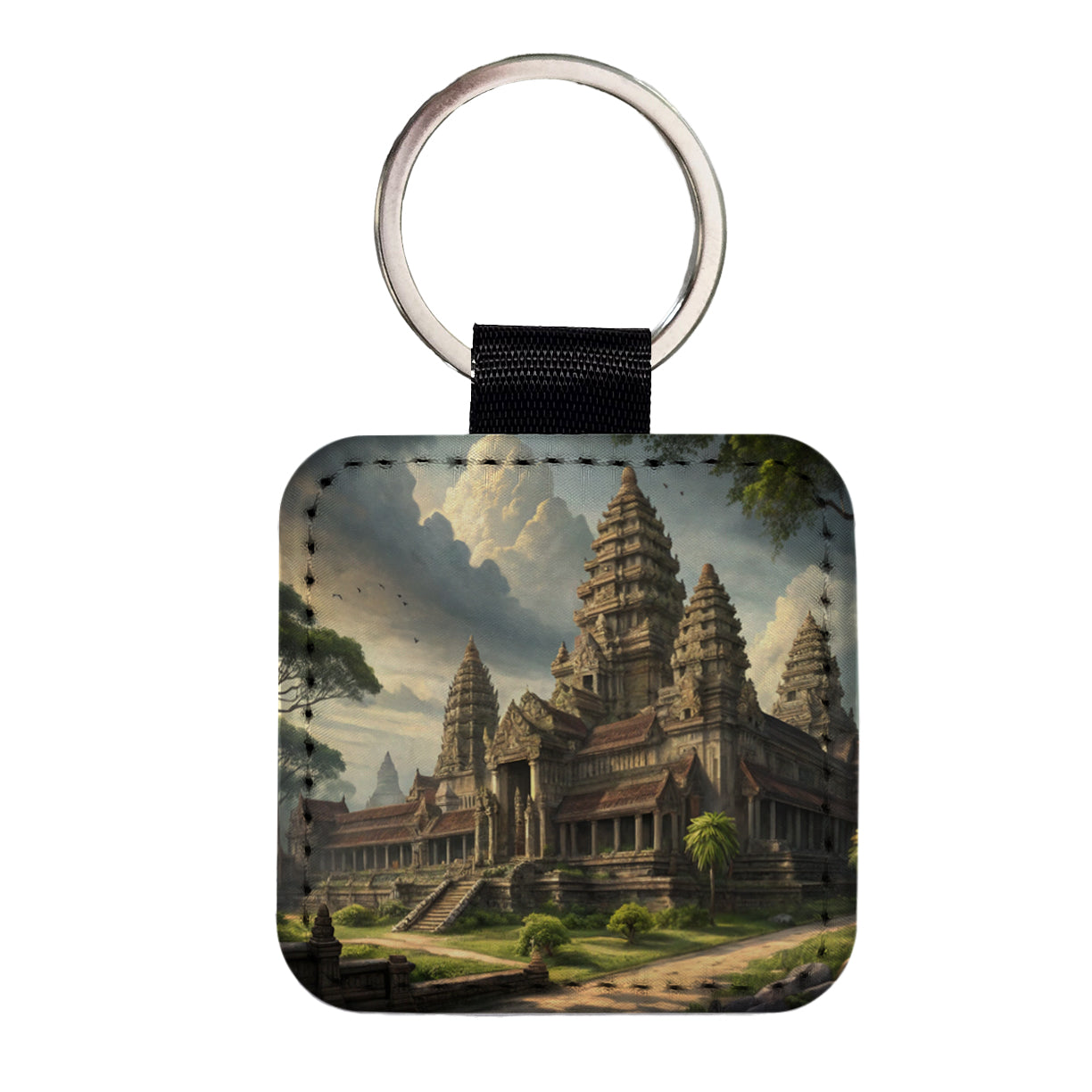 Angkor Wat Hindu Buddhist Temple Cambodia Square Faux Leather Keychain