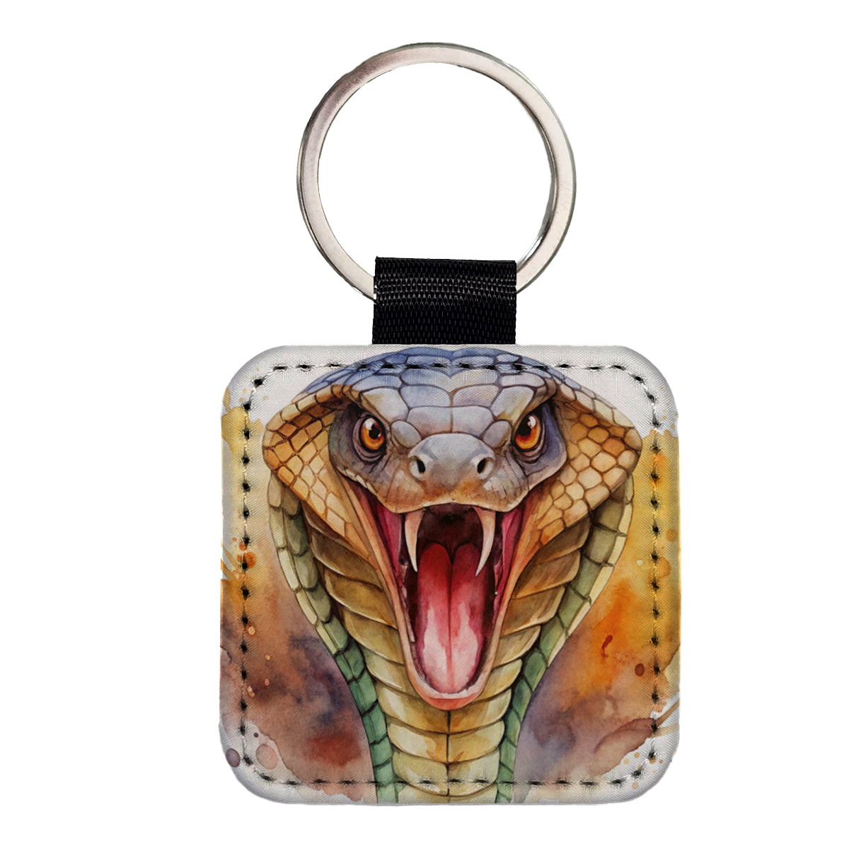 Angry Cobra Snake Reptile Close-up Watercolor Square Faux Leather Keychain