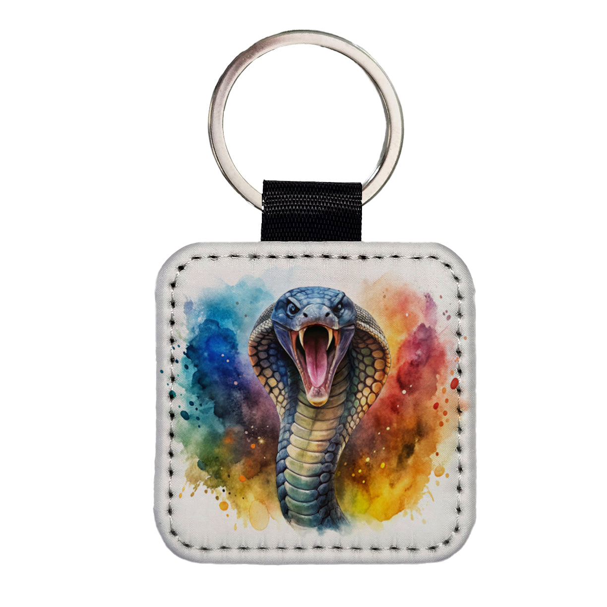 Angry Cobra Snake Reptile Watercolor Square Faux Leather Keychain