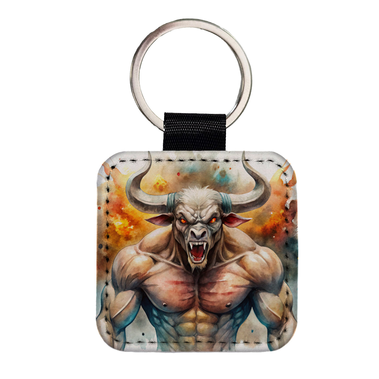 Angry Fantasy Minotaur Watercolor Square Faux Leather Keychain