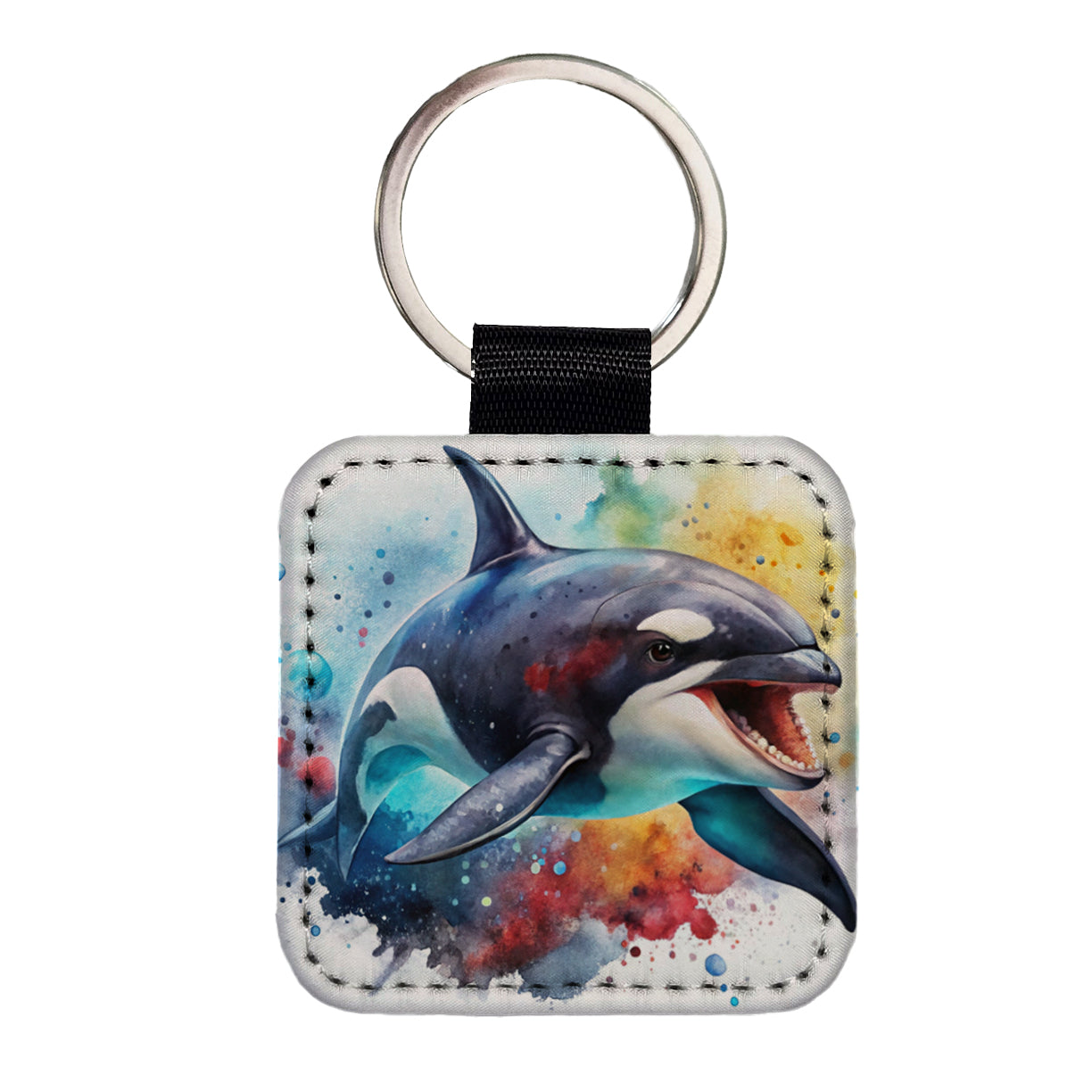 Angry Orca Killer Whale Watercolor Square Faux Leather Keychain