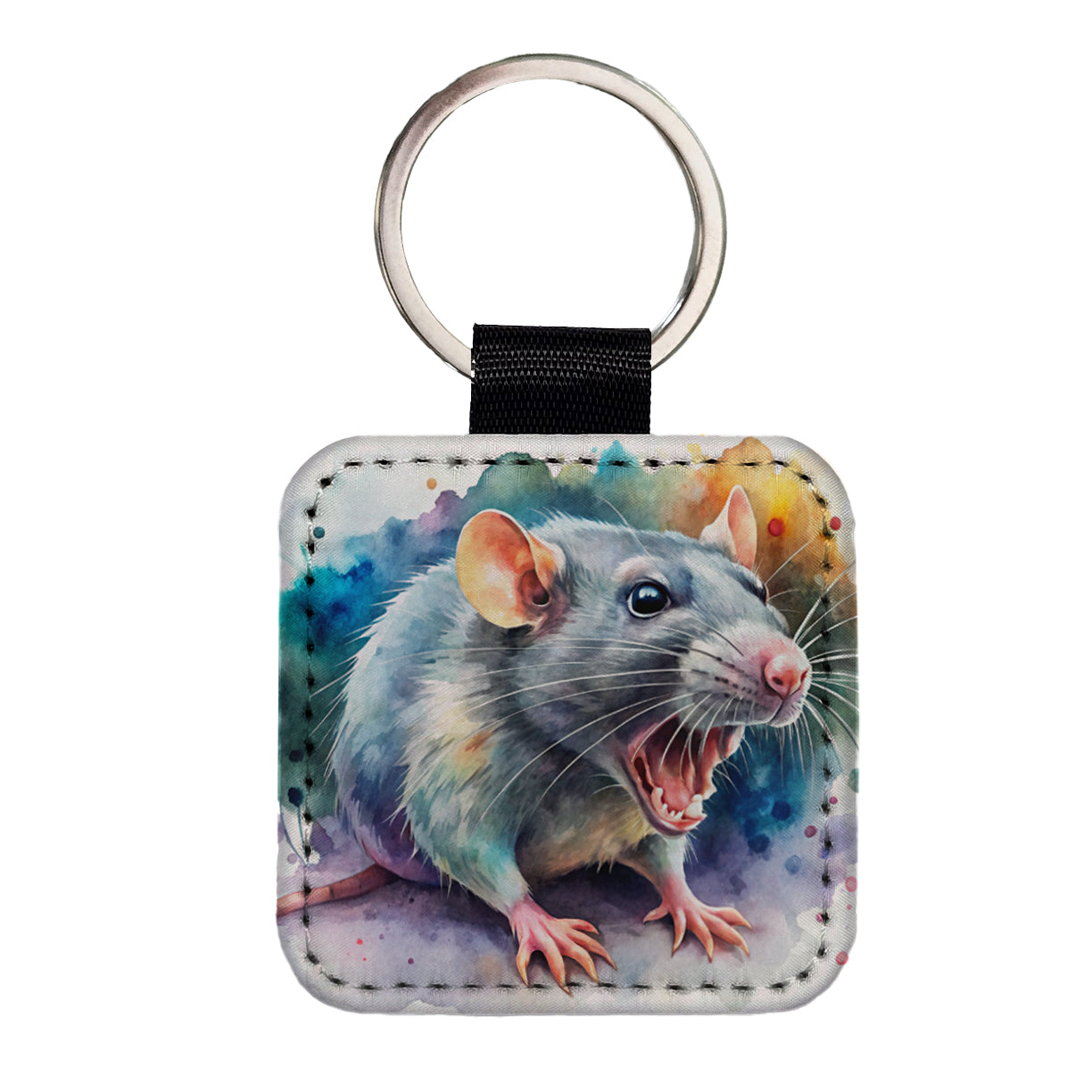 Angry Rat Watercolor Square Faux Leather Keychain