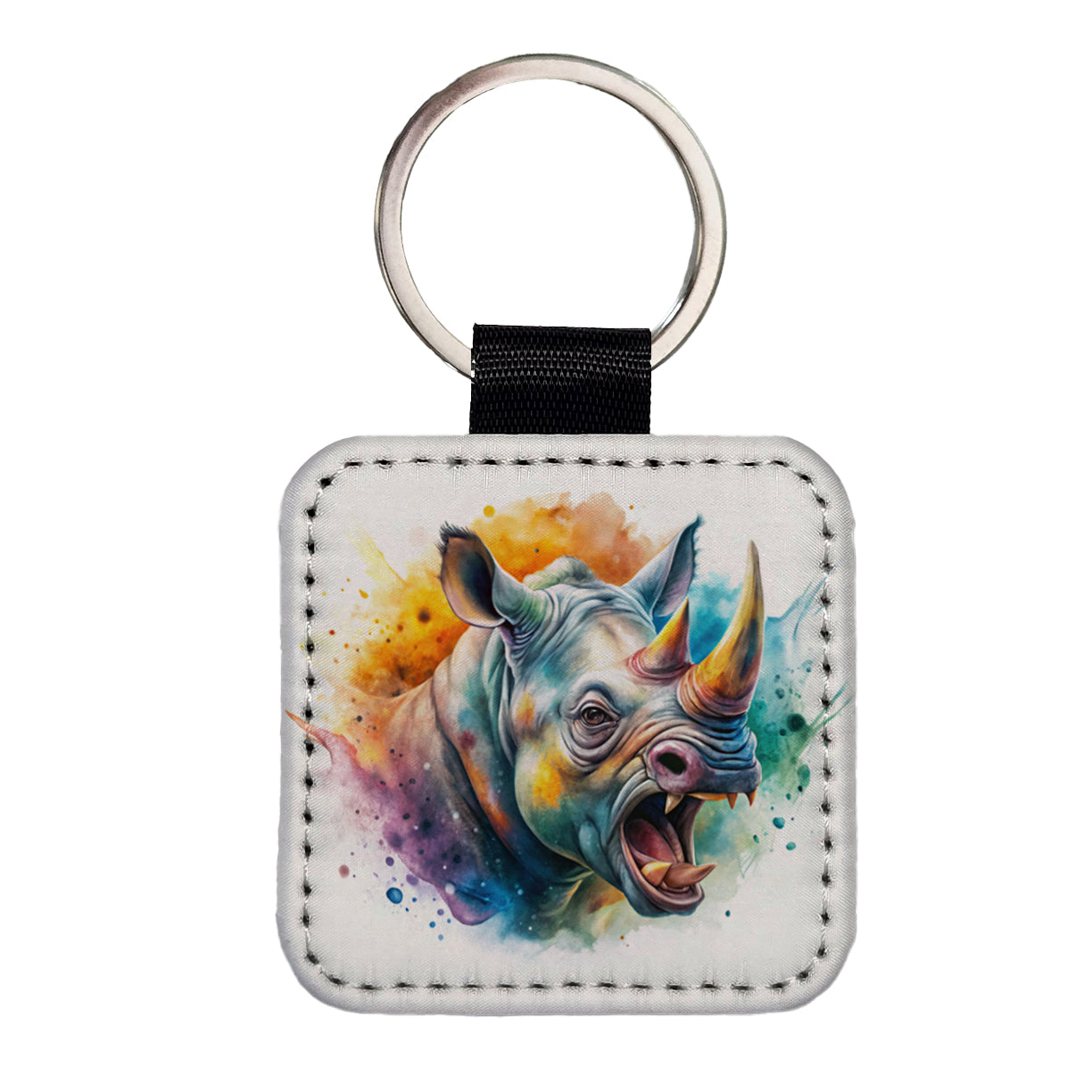 Angry Rhino Rhinoceros Watercolor Square Faux Leather Keychain