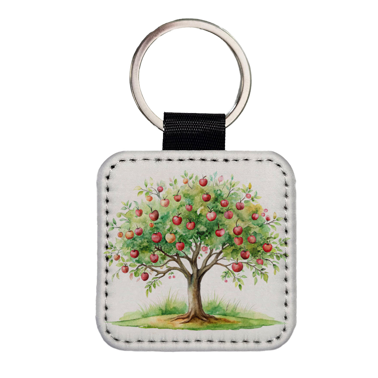 Apple Tree Watercolor Square Faux Leather Keychain