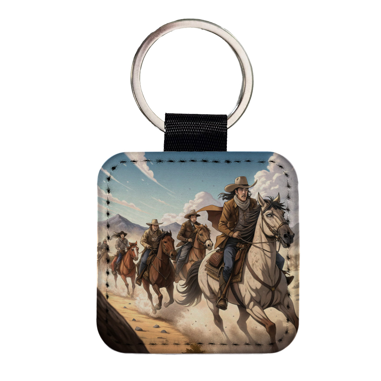 Bandits Riding Hard Old West Cowboys Western Square Faux Leather Keychain