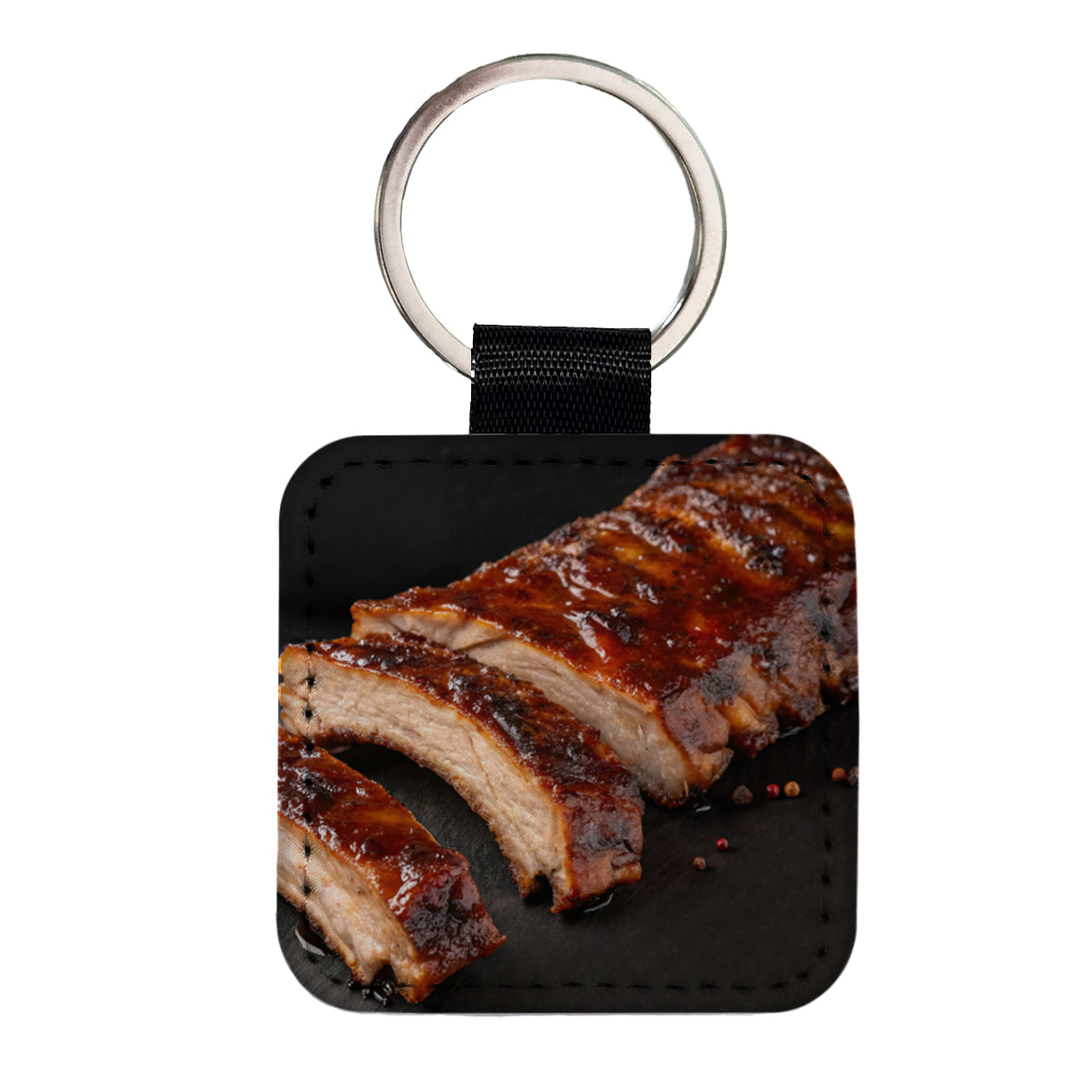 BBQ Baby Back Ribs Square Faux Leather Keychain