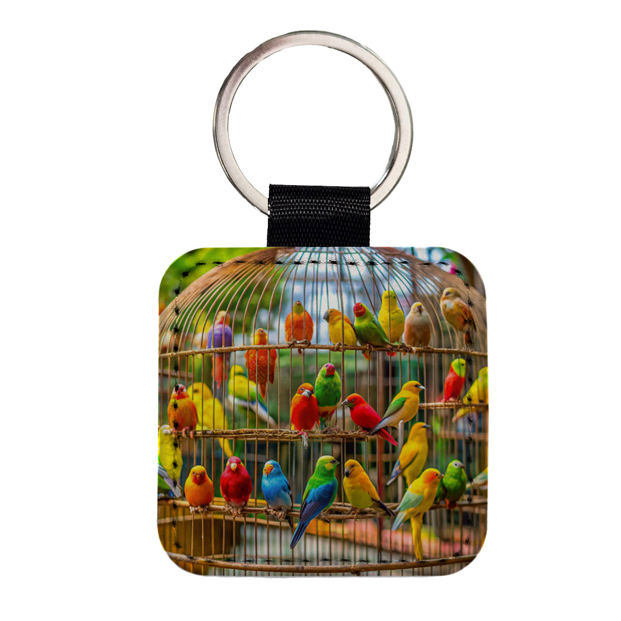 Bird Cage with Canaries Square Faux Leather Keychain