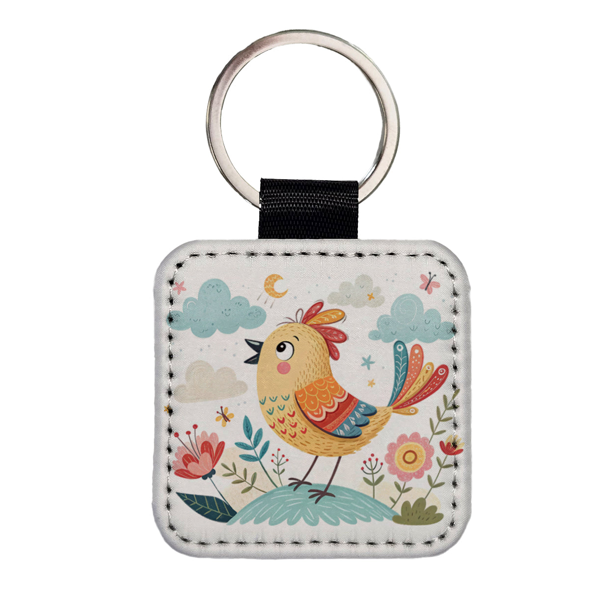 Bird Children's Illustration Style Square Faux Leather Keychain