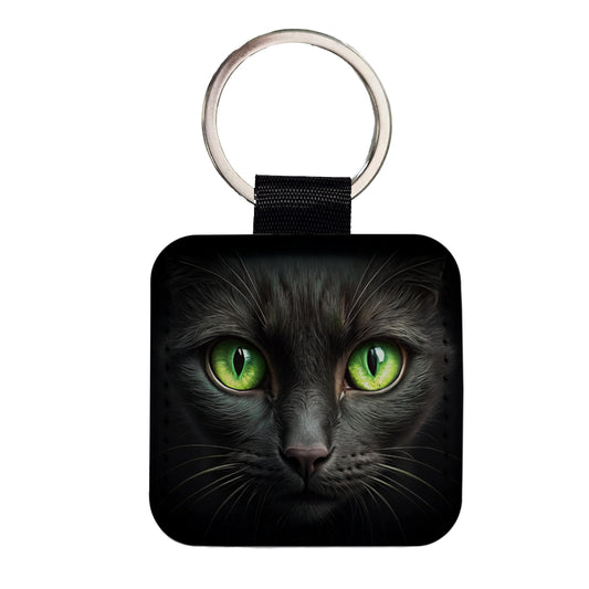 Black Cat with Green Eyes Square Faux Leather Keychain