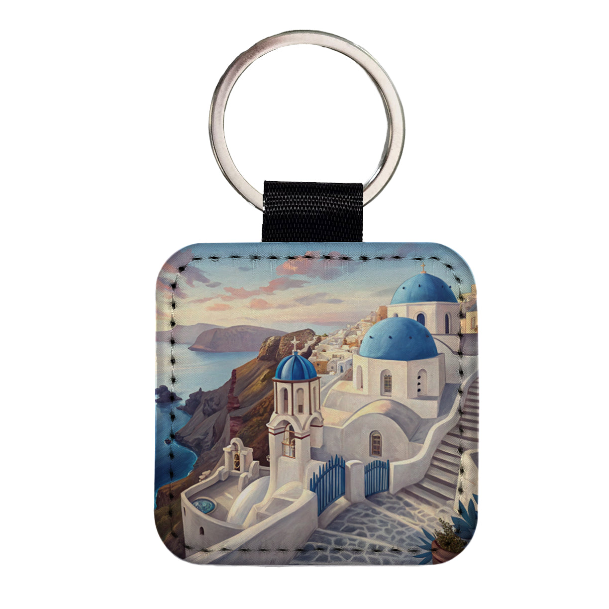 Blue Domes Of Oia Santorini Greece Aegean Sea Square Faux Leather Keychain