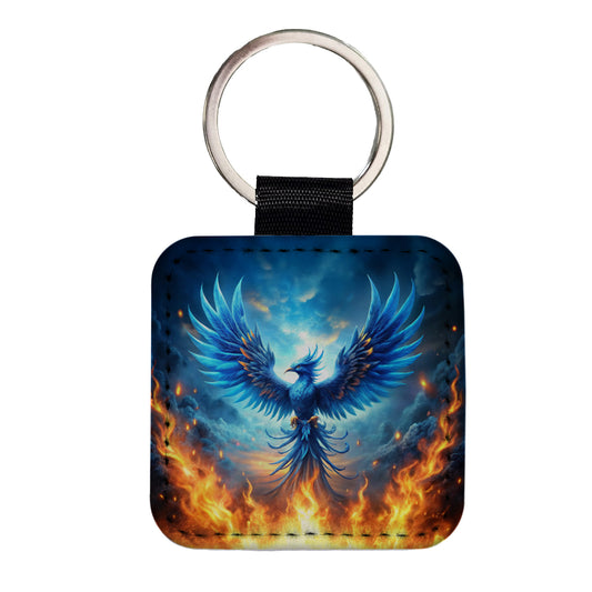 Blue Flaming Phoenix Rising From Ashes Fantasy Bird Square Faux Leather Keychain