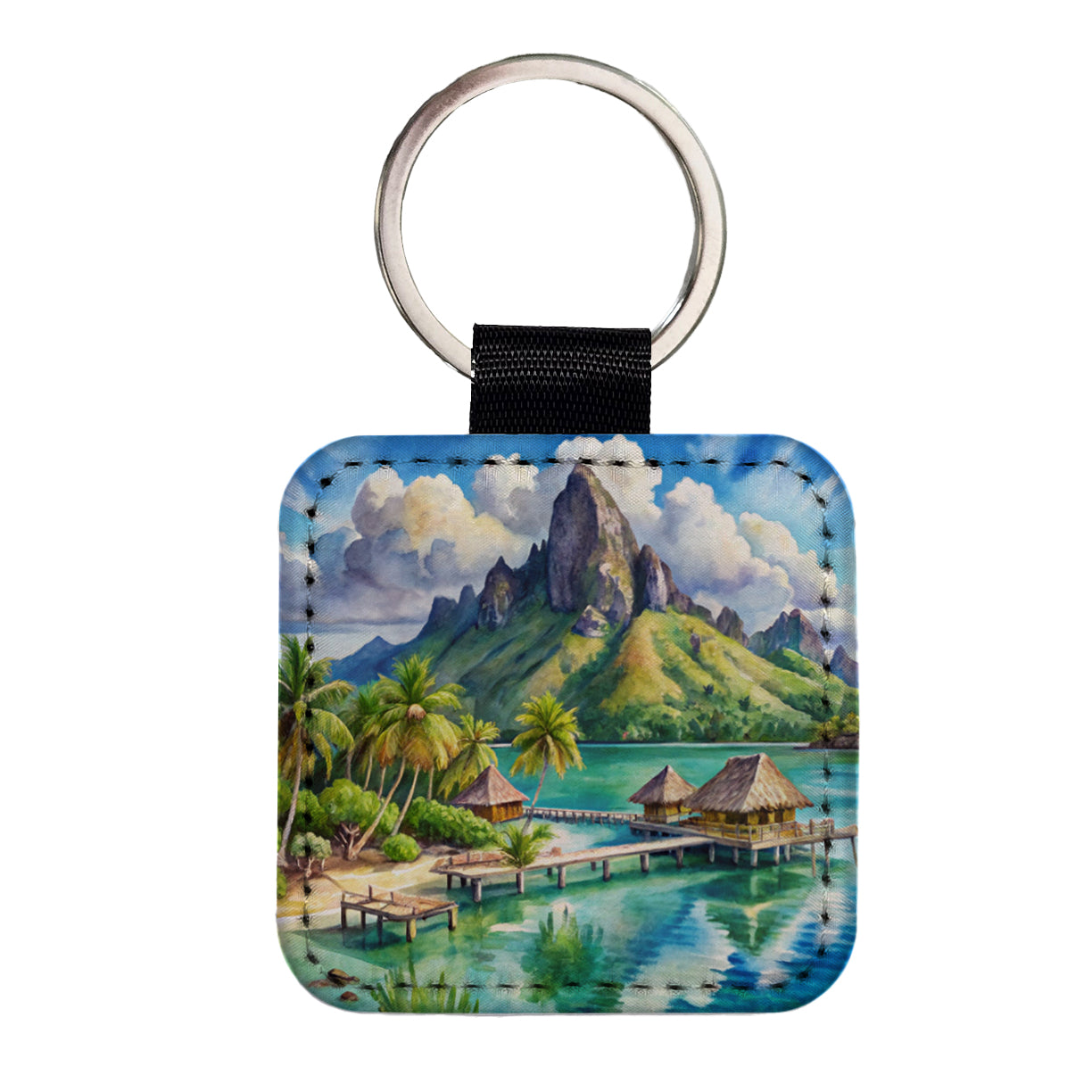 Bora Bora French Polynesia Watercolor Square Faux Leather Keychain