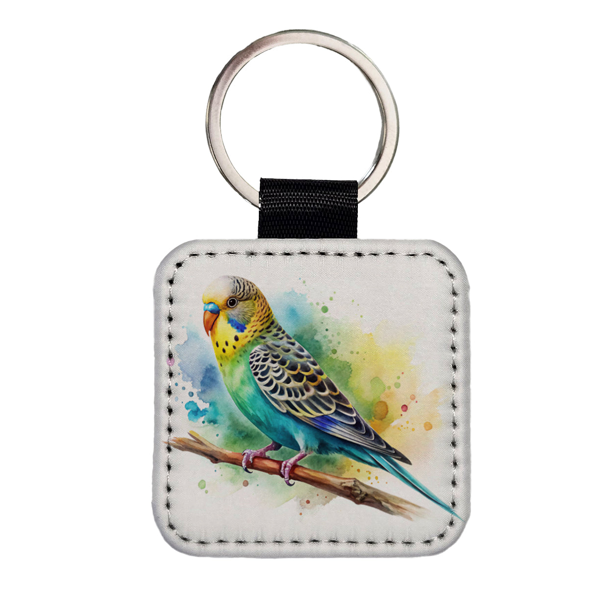 Budgerigar Budgie Parakeet Bird Watercolor Square Faux Leather Keychain