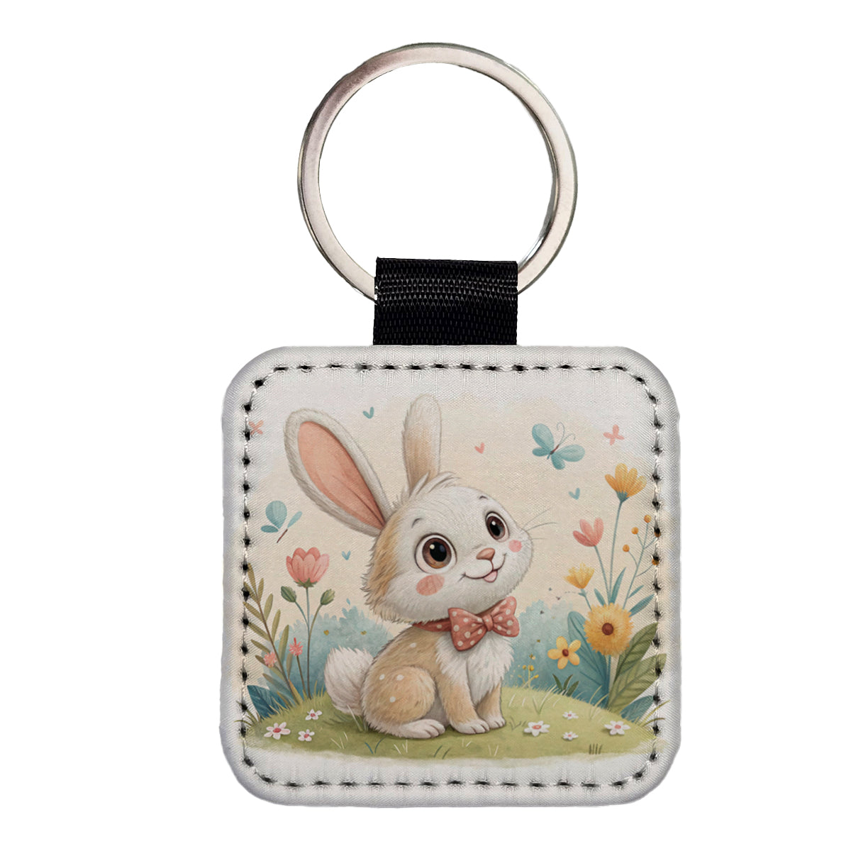 Bunny Rabbit Children's Illustration Style Square Faux Leather Keychain