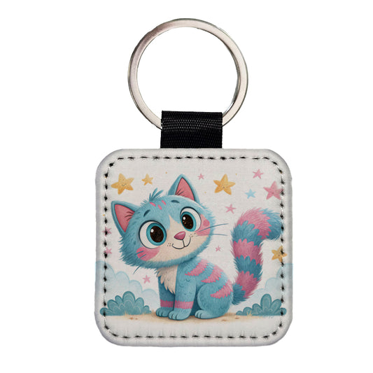 Cat Children's Illustration Style Square Faux Leather Keychain