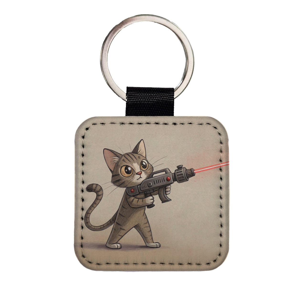 Cat With Laser Gun Sci-fi Cartoon Square Faux Leather Keychain