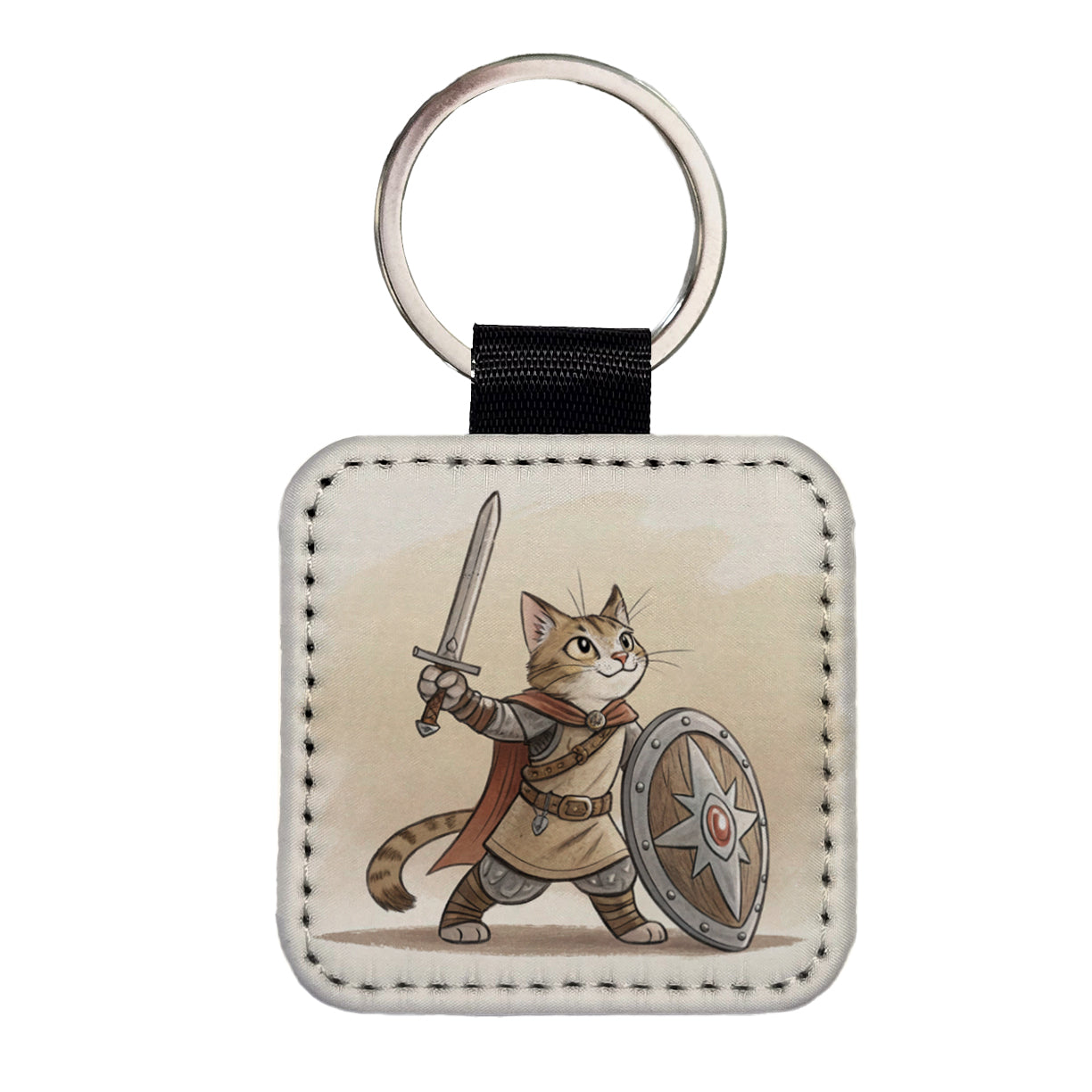 Cat With Sword And Shield Fantasy Medieval Cartoon Square Faux Leather Keychain
