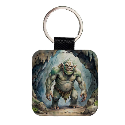 Cave Troll Fantasy Monster Watercolor Square Faux Leather Keychain