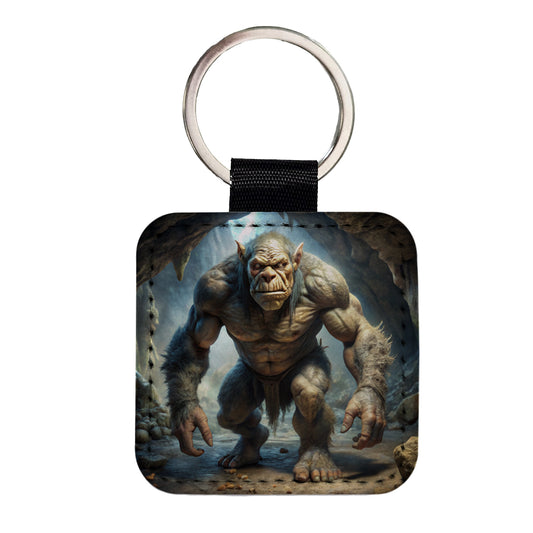 Cave Troll Fantasy Monster Square Faux Leather Keychain