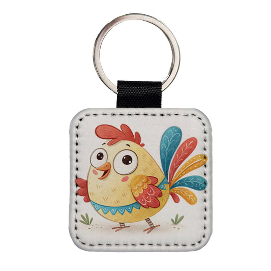 Chicken Children's Illustration Style Square Faux Leather Keychain