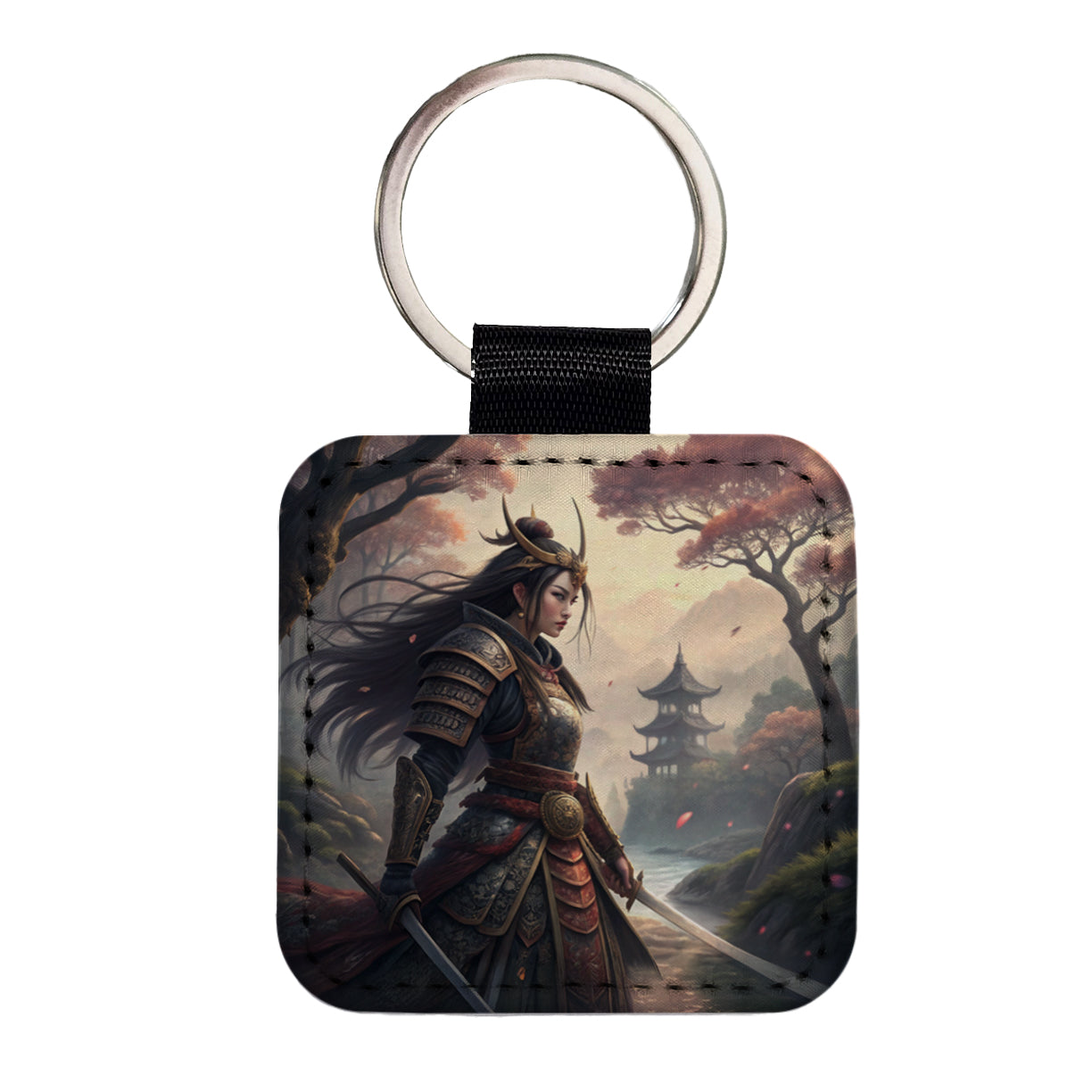 Classic Japanese Anime Style Fantasy Warrior Woman Square Faux Leather Keychain