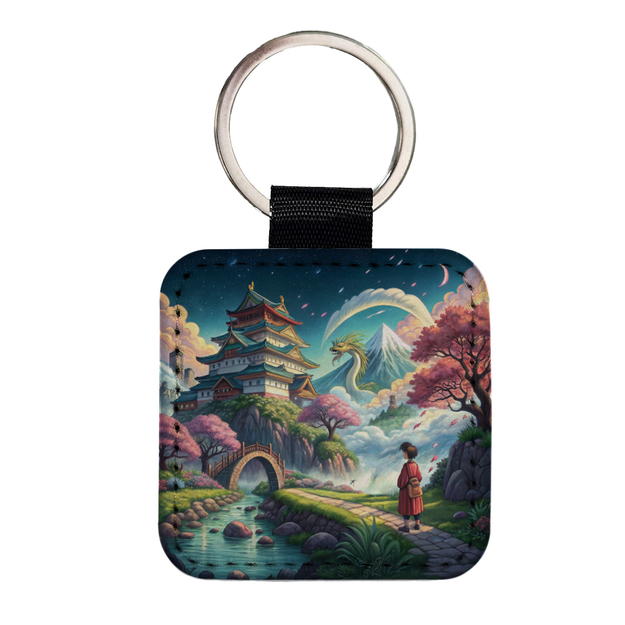 Classic Japanese Anime Style Fantasy World Square Faux Leather Keychain