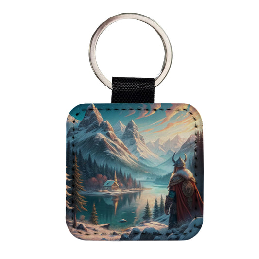 Classic Nordic Viking Anime Style Fantasy Square Faux Leather Keychain
