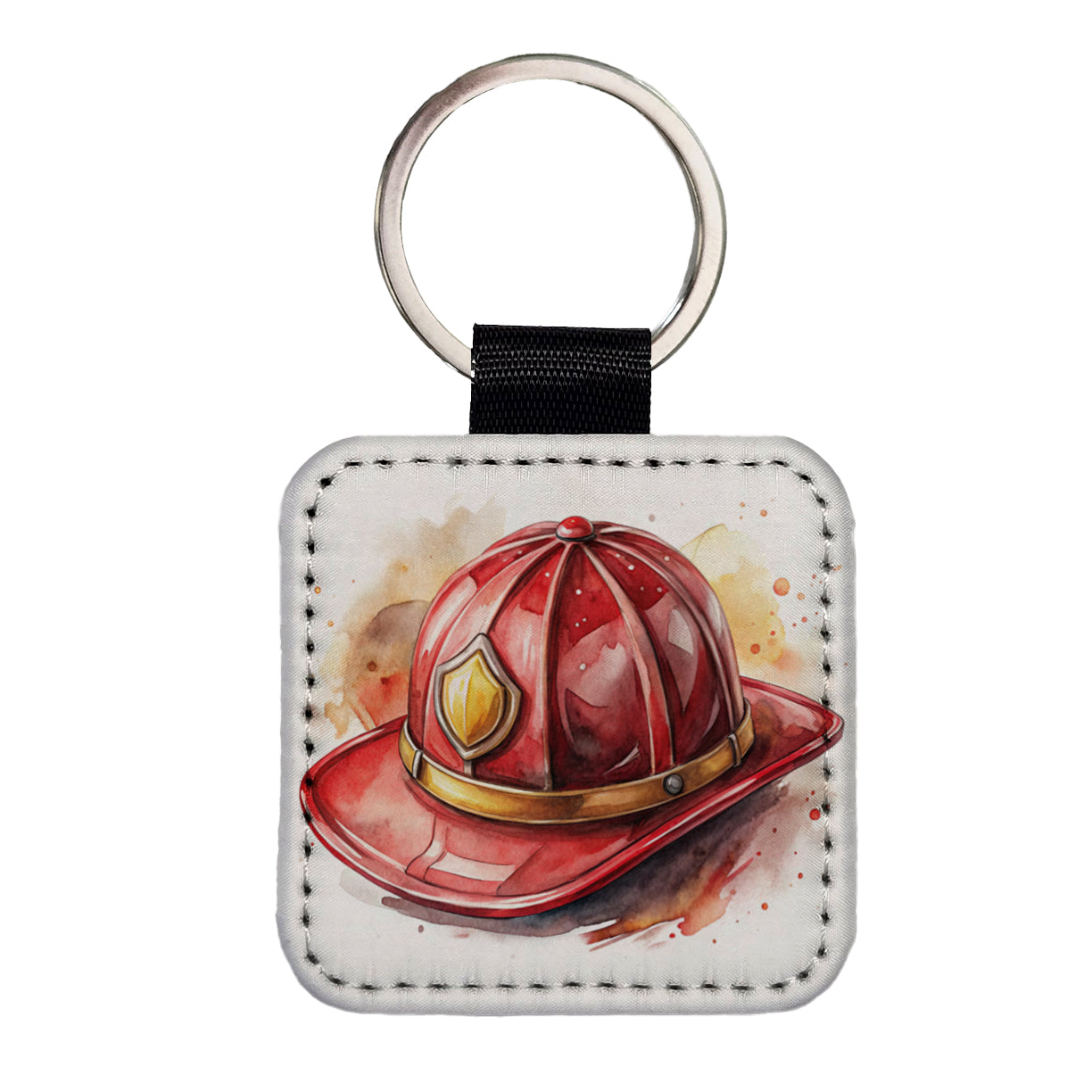 Classic Red Firefighter Fireman Helmet Watercolor Square Faux Leather Keychain