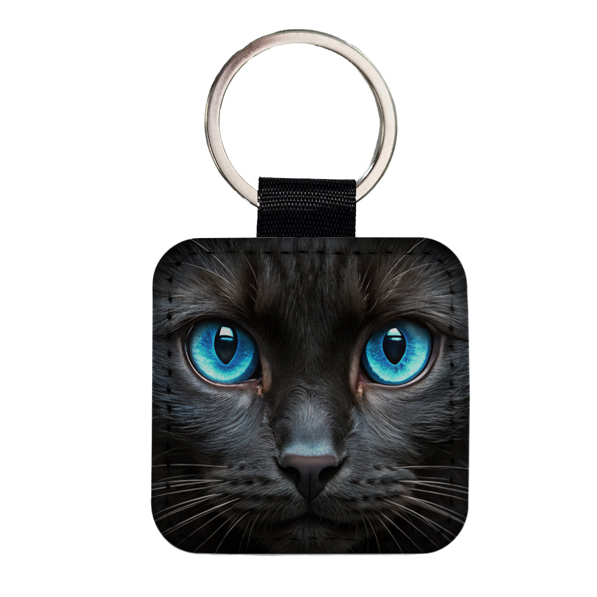 Close-Up Of Blue Cat Eyes Square Faux Leather Keychain