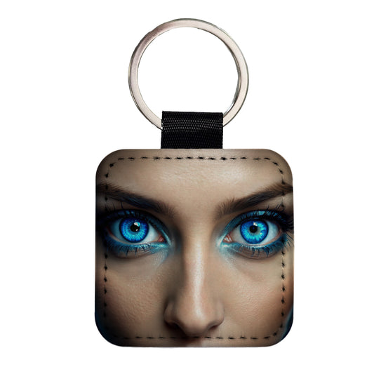 Close-Up Of Blue Eyes Square Faux Leather Keychain
