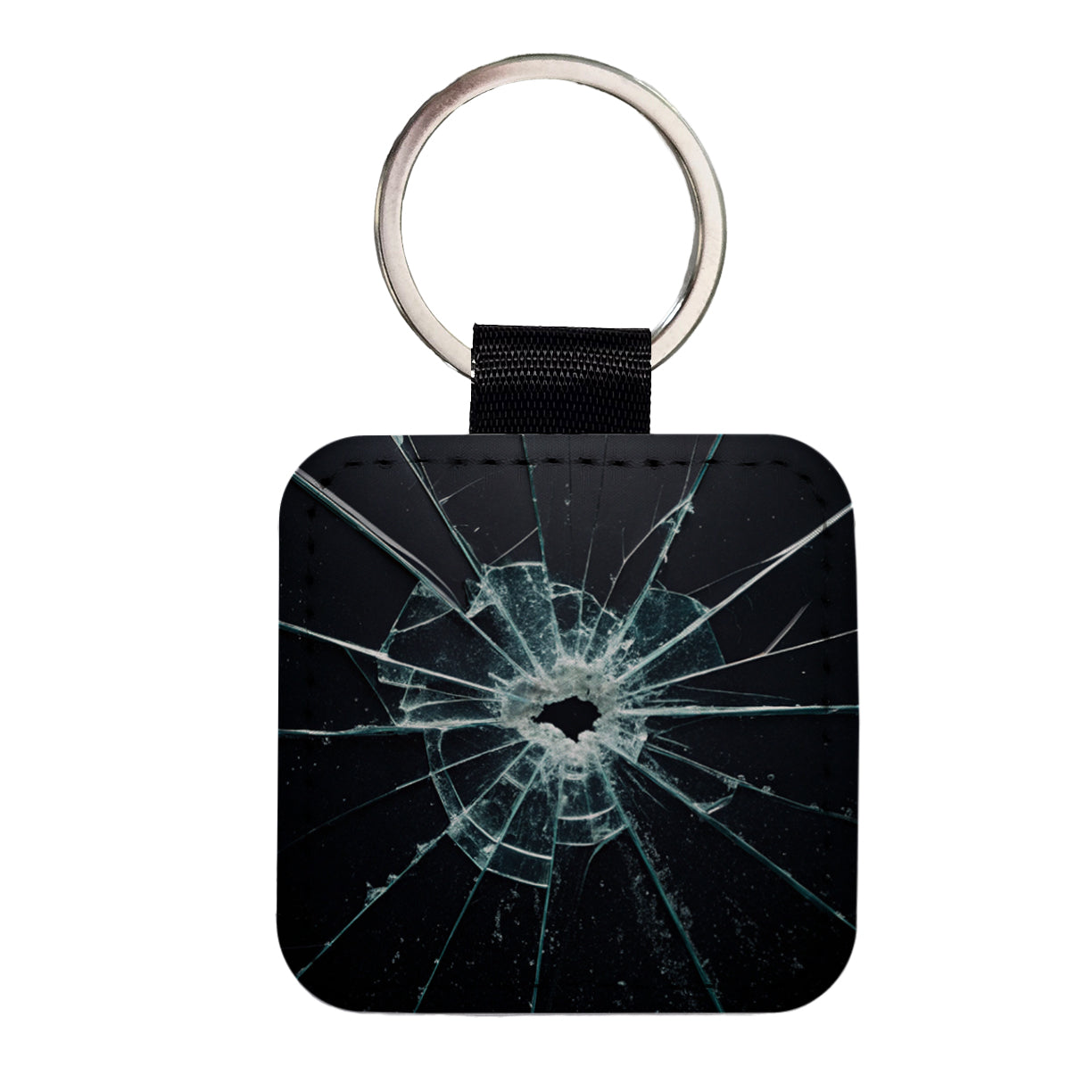 Close-Up Of Broken Pane Of Glass Square Faux Leather Keychain