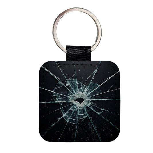 Close-Up Of Broken Pane Of Glass Square Faux Leather Keychain