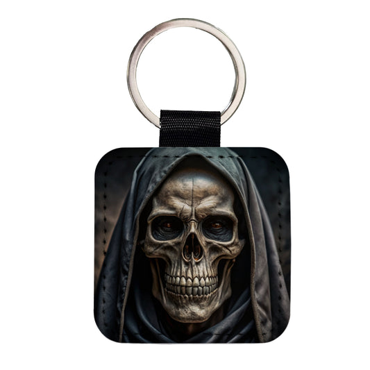 Close-Up Of Grim Reaper Skull Face Halloween Square Faux Leather Keychain
