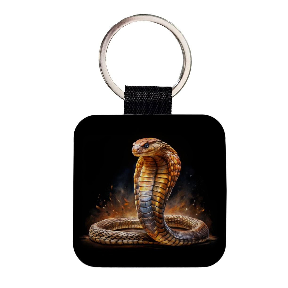 Cobra Snake Black Watercolor Square Faux Leather Keychain