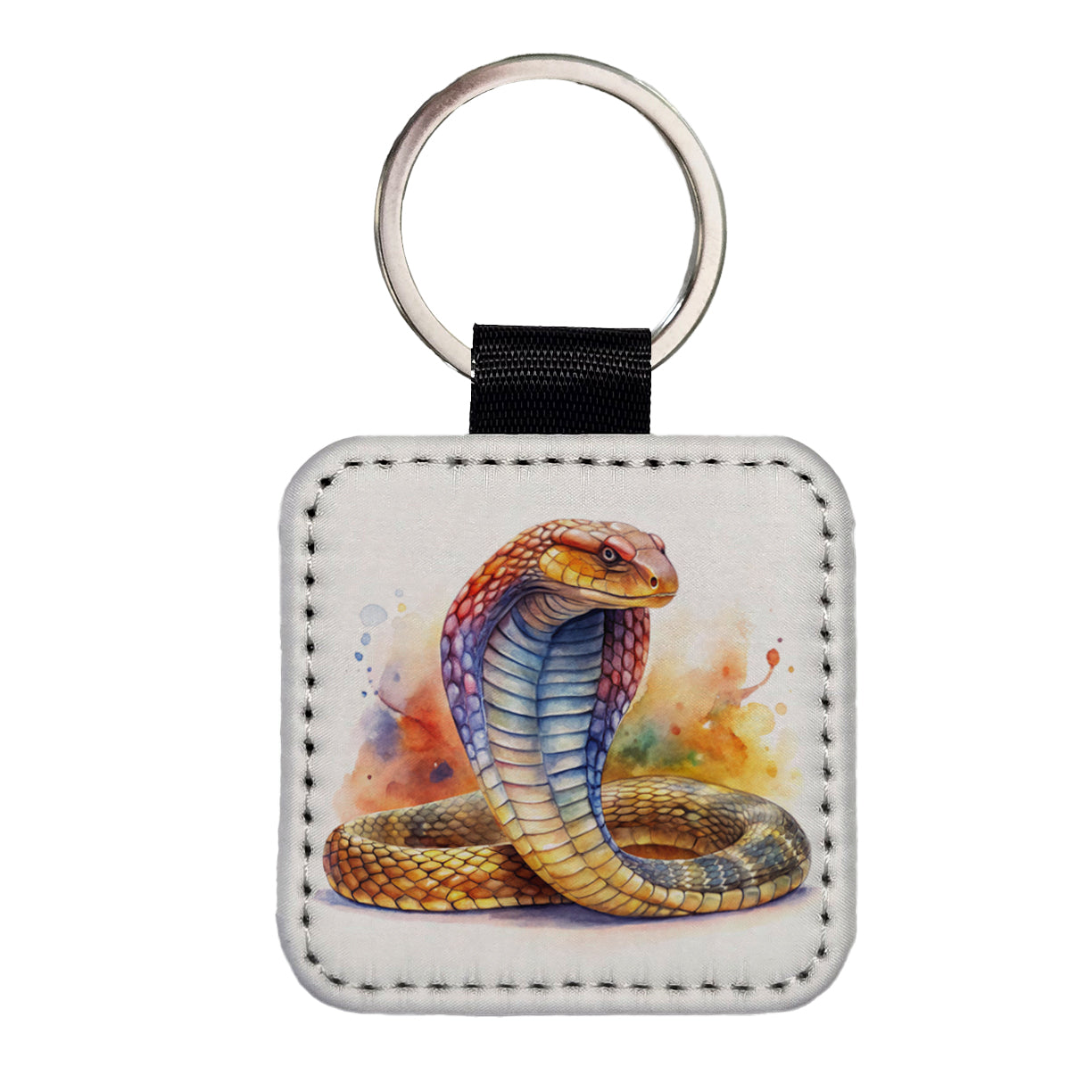 Cobra Snake Watercolor Square Faux Leather Keychain