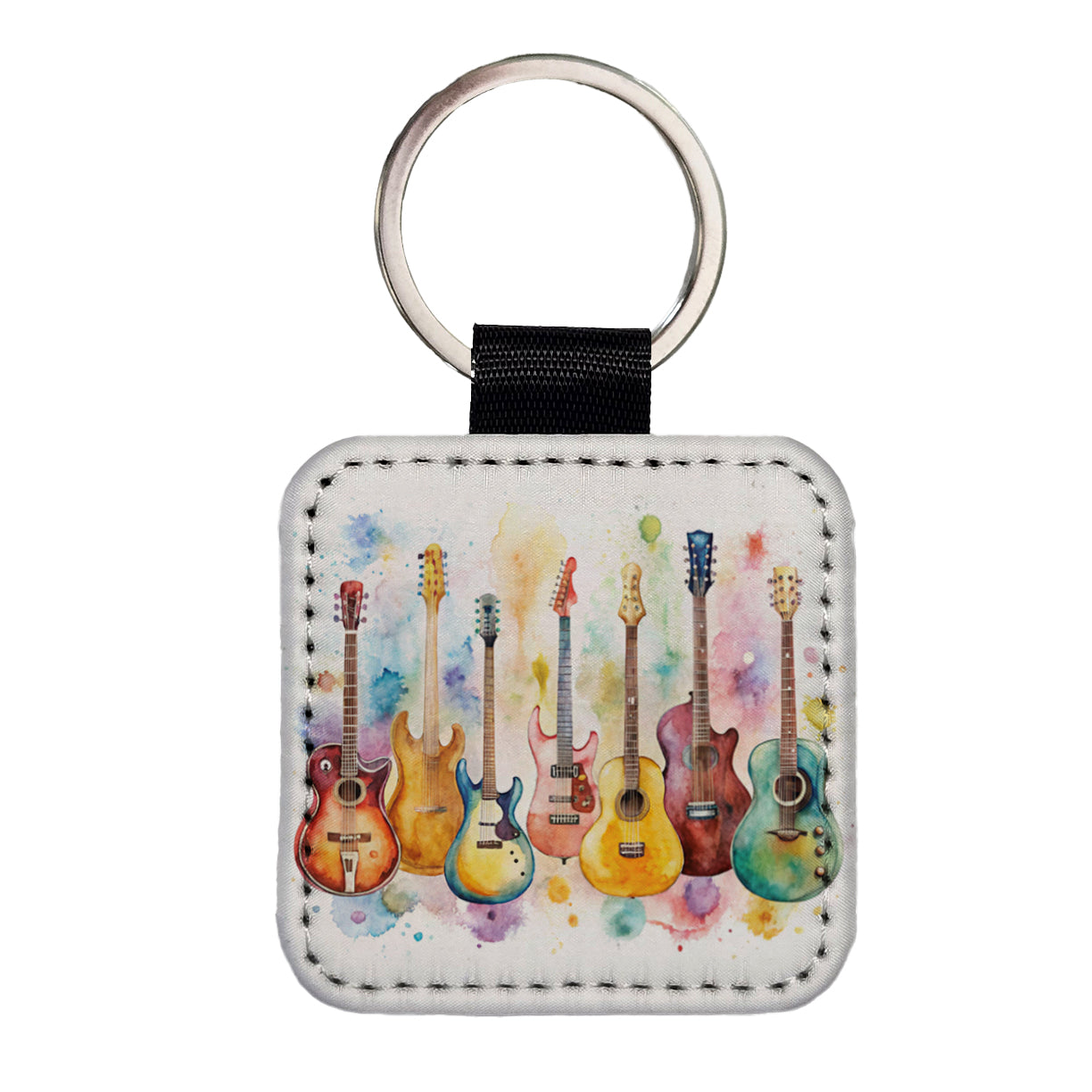 Colorful Guitar Collection Watercolor Square Faux Leather Keychain