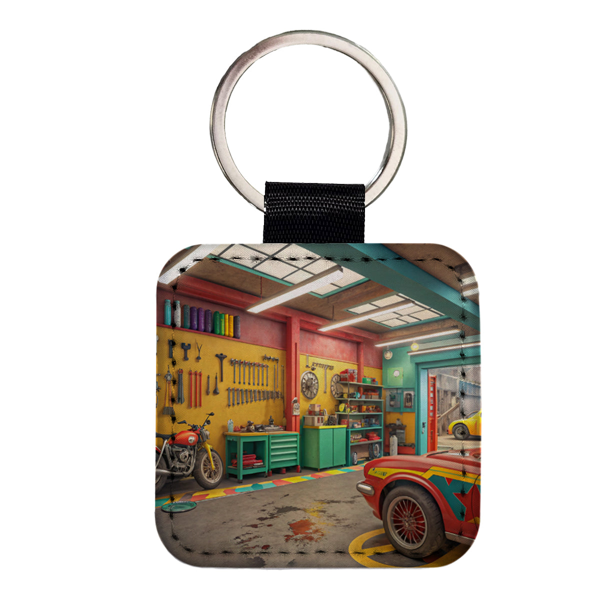Colorful Mechanic's Garage Square Faux Leather Keychain