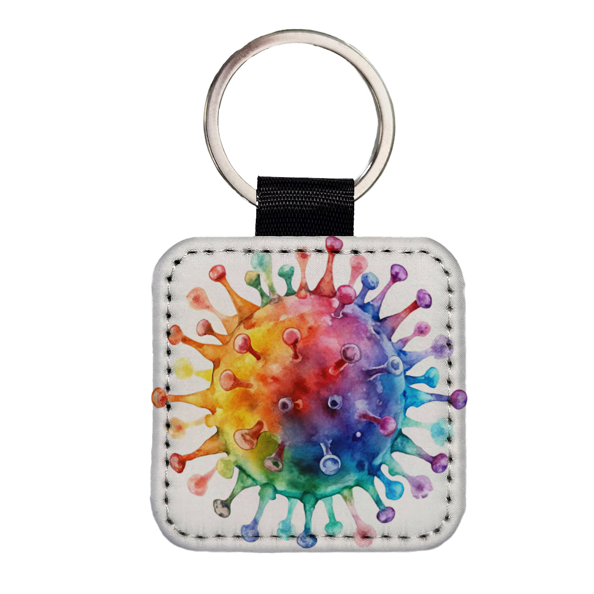Colorful Rainbow Virus Watercolor Square Faux Leather Keychain