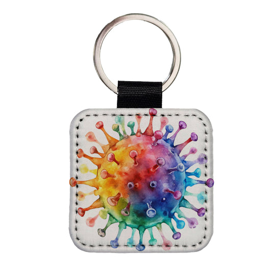 Colorful Rainbow Virus Watercolor Square Faux Leather Keychain