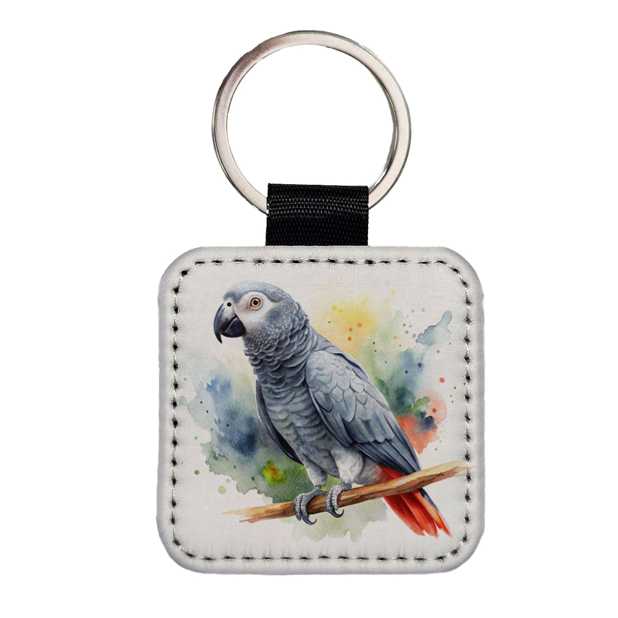 Congo African Grey Parrot Watercolor Square Faux Leather Keychain