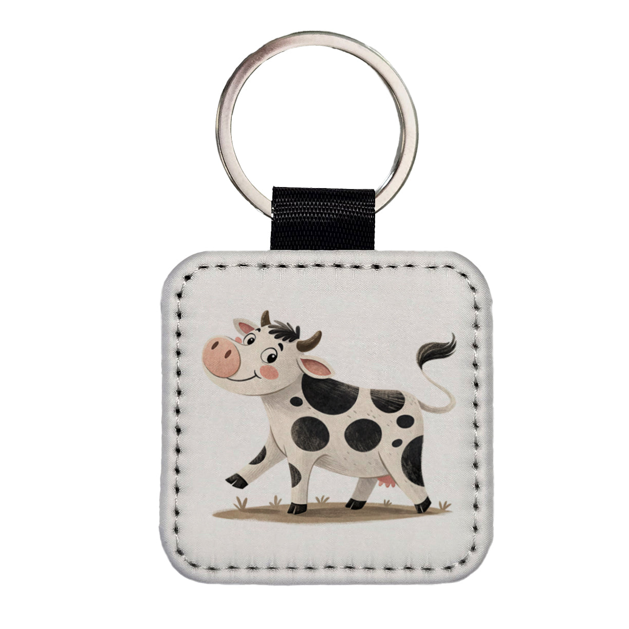 Cow Children's Illustration Style Square Faux Leather Keychain