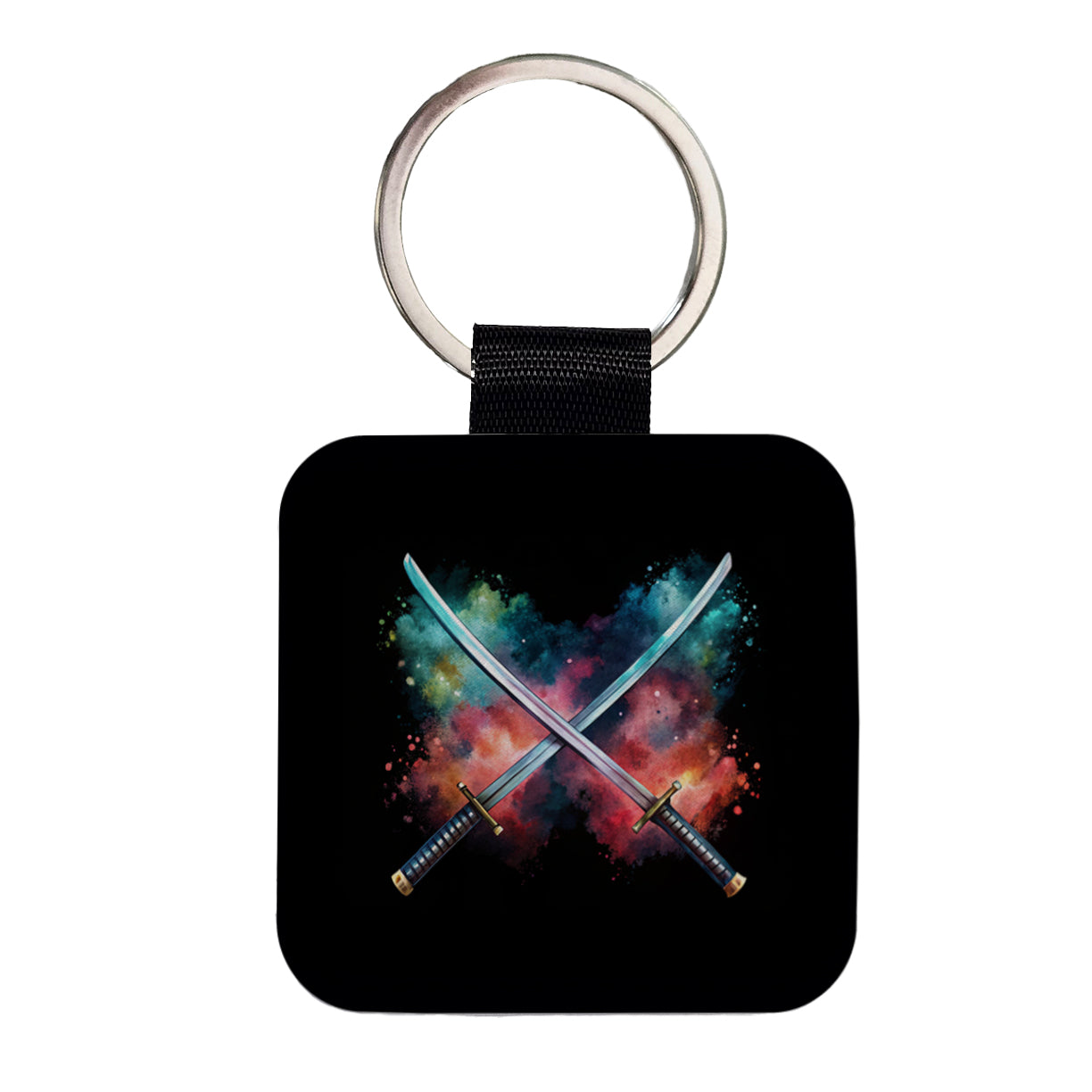 Crossed Katana Samurai Ninja Swords Black Watercolor Square Faux Leather Keychain
