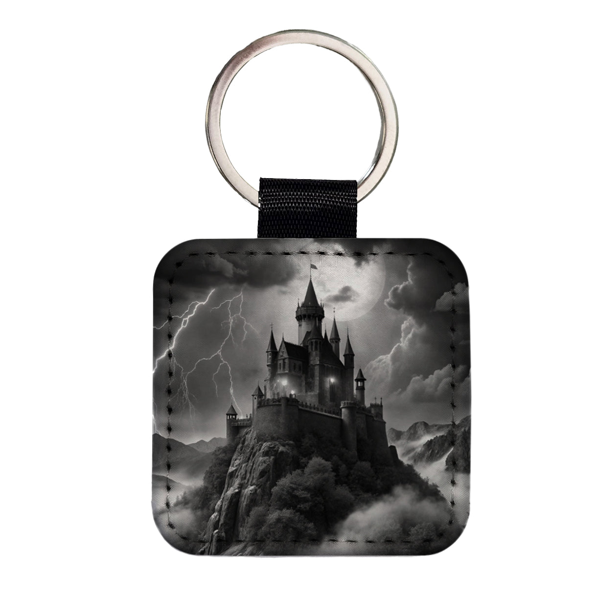 Dark and Foreboding Vampire Castle Square Faux Leather Keychain