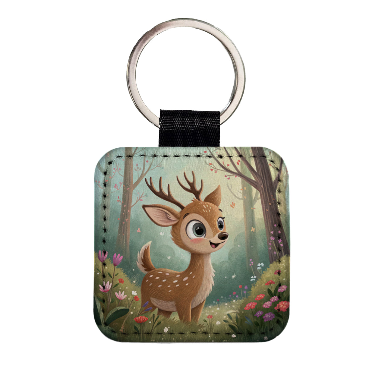 Deer Children's Illustration Style Square Faux Leather Keychain