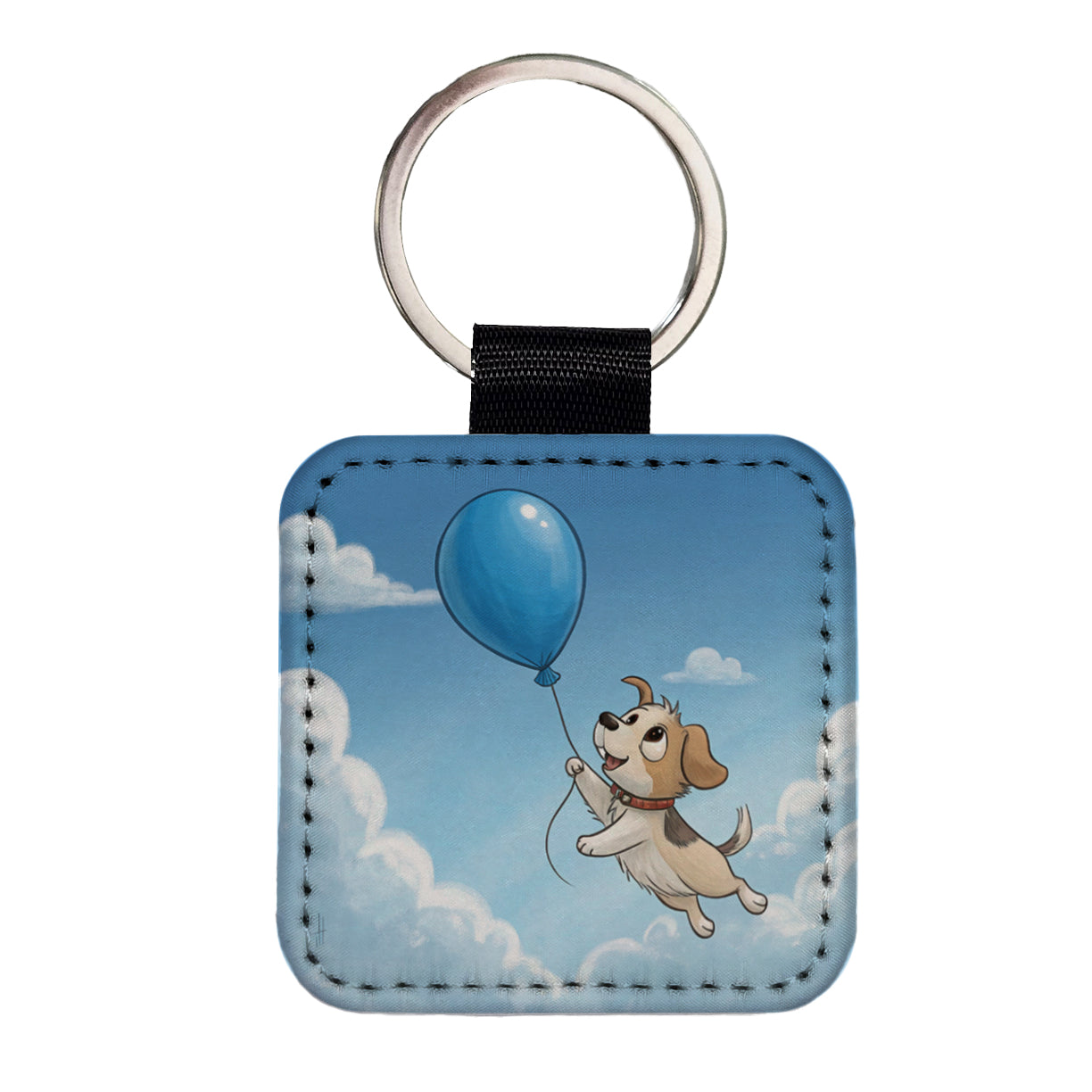 Dog Carried by Blue Balloon into the Sky Square Faux Leather Keychain